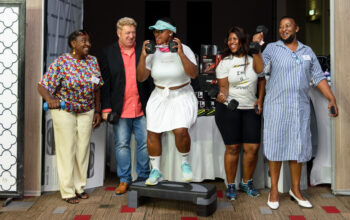 Left to right, Nozuko Damoyi (DSRAC), Alfie Jay (Algoa FM), Pindiwe Yengeni and Zintle Zatu (P35 Sweaty and Strong) and Pumza Silwana (DSRAC)